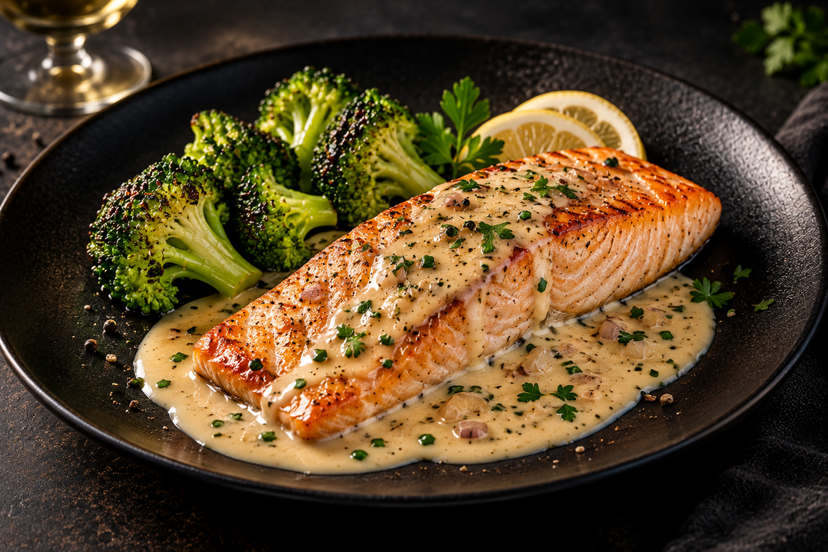 Saumon grillé avec sauce à la crème et au vin blanc