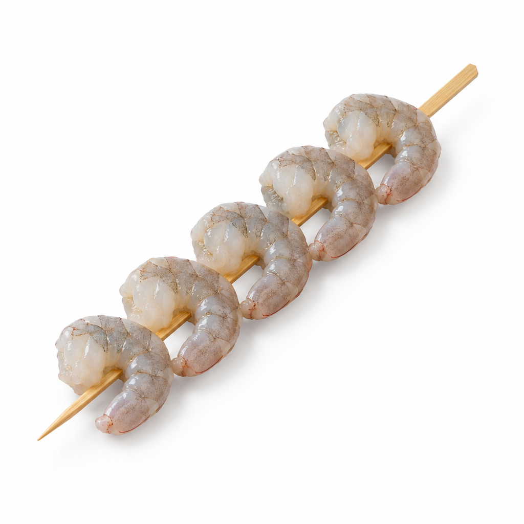 Brochette de 5 crevettes crues sur fond blanc
